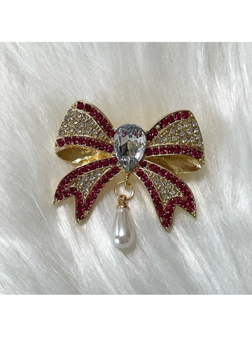 Bow Brooch Gold Tone Pink and Clear Crystals Pearl Drop - Picture 1 of 5